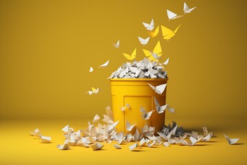 Yellow garbage can overflowing with papers, surrounded by origami birds. Recycling, landfill concept. Generative AI - obrazy, fototapety, plakaty