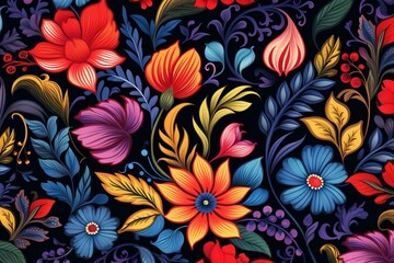 Obraz premium Seamless floral pattern with colorful flowers and leaves. Elegant template for fashion prints. Modern floral background. Fashionable folk style. Ethnic, boho. Generative AI
