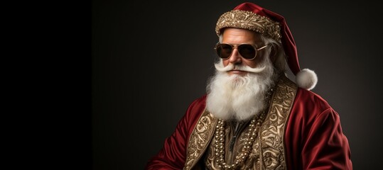 Santa Claus as gangster boss, on black background, space for text and logo on left side