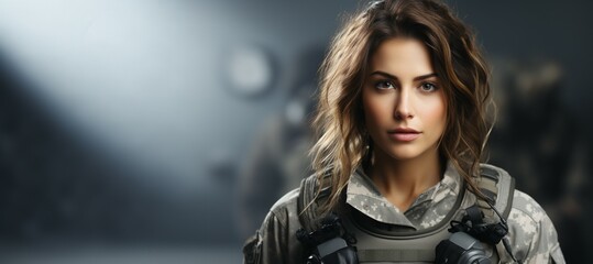 A female soldier, looking confident in battle on blurred grey background, space left for text and logo - obrazy, fototapety, plakaty