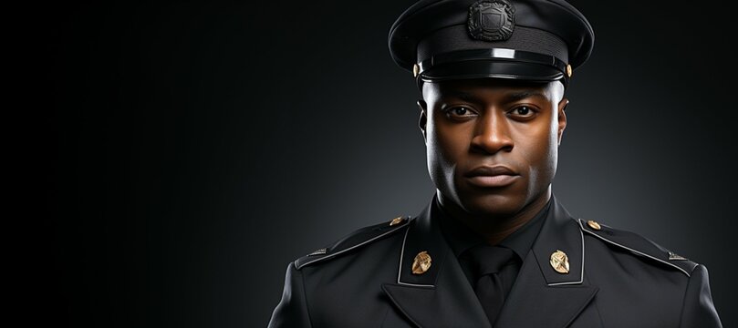 one black soldier in uniform, looking confident, with space on left side for logo and text
