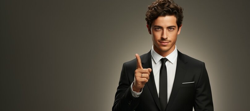 A latin businessman, wearing a black suit on grey background, looking confident, space left for text and logo on left side