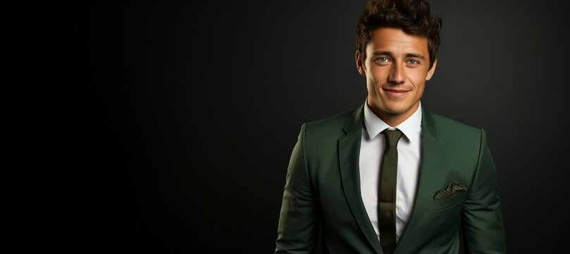 A latin businessman, wearing a green suit on black background, looking confident, space left for text and logo on left side