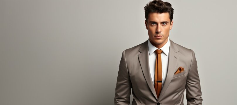 A latin businessman, wearing a grey suit on grey background, looking confident, space left for text and logo on left side
