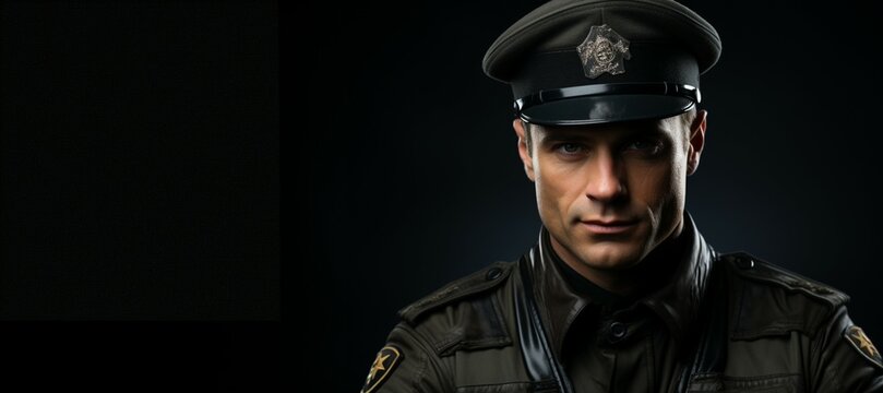 A soldier in uniform, looking confident on black background, space on left side for text or logo