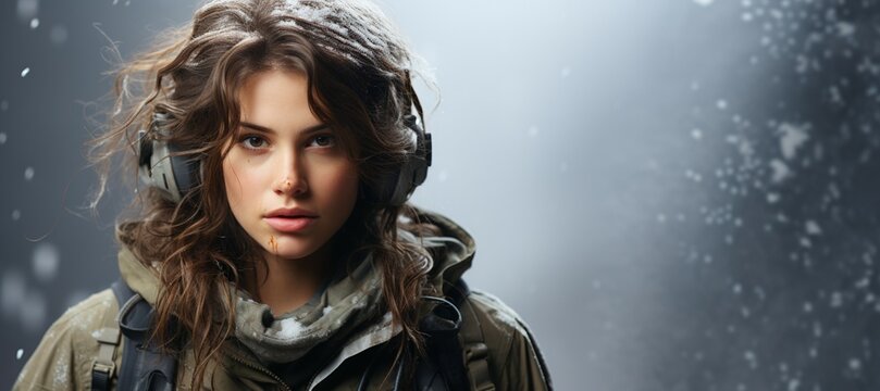 A female soldier, looking confident in battle on blurred grey background, space left for text and logo