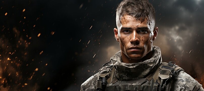 A soldier in battle, looking confident, space left for text or logo on left side