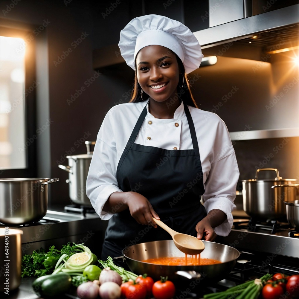 Wall mural happy vegan cook in the kitchen with a pot of soup and vegetables. gastronomy. kitchen clothes. chef