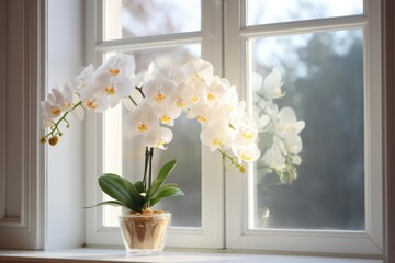 flower and leaves of the phalaenopsis orchid in a flower pot on the windowsill in the house. Care of a houseplant. Home garden. Room interior decoration - Powered by Adobe