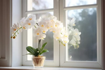  flower and leaves of the phalaenopsis orchid in a flower pot on the windowsill in the house. Care of a houseplant. Home garden. Room interior decoration © InfiniteStudio