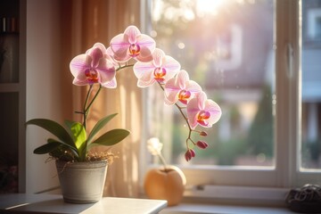 flower and leaves of the phalaenopsis orchid in a flower pot on the windowsill in the house. Care...