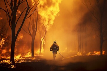 Firefighter tackling burning trees during Australian bushfire. Generative AI