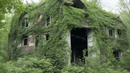 Fototapeta na wymiar 蔦に覆われた家、廃墟｜House covered with ivy, ruins. Generative AI