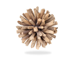 Isolated driftwood ball floating in air. Rustic wood sticks in circular arrangement or orb. Natural contemporary decoration for home and parties. Transparent background.