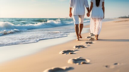 relaxing summer holiday concept picture of white sea beach with romantic walking feet in dramatic sunset. 