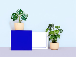 Blank paper notes on blue background with houseplants, simple text space minimalist concept