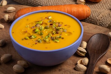 Irresistibly Delicious Carrot-Pistachio Cream. Vegan and Healthy Food. Healthy and Active Lifestyle Concept.
