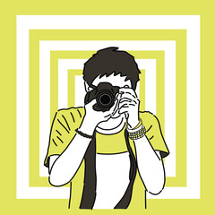 vector illustration of a photographer taking a photo using a professional camera with the addition of a geometric background.