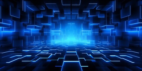 Fototapeta premium Blue LED Creative Abstract Geometric Texture. Screen Wallpaper. Digiral Art. Abstract Bright Surface Geometrical Horizontal Background. Ai Generated Vibrant Texture Pattern.