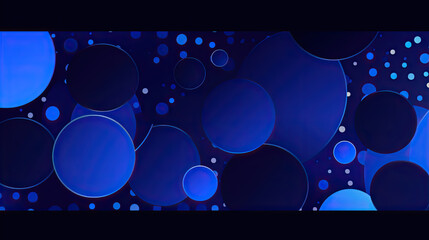 Dark blue abstract background with shiny geometric shape graphic. Modern blue gradient circles. Dynamic shapes. Horizontal banner template.