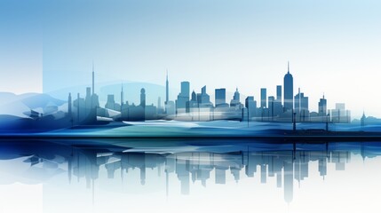 A blue and white illustration of a city skyline with open space for text. Generative AI. 