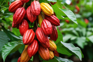 Ripe Cocoa pods grow on tree. The cocoa tree ( Theobroma cacao ) with fruits. - obrazy, fototapety, plakaty