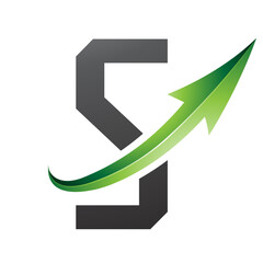 Green and Black Futuristic Letter S Icon with a Glossy Arrow