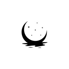 Crescent moon silhouette vector logo design illustration on water with stars