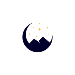 Crescent moon vector logo design with mountain landscape decorated with stars