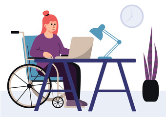 Redhead Girl. Freelancer In Wheelchair Work From Home. Vector Flat Illustration