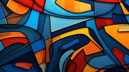 Abstract background with 3D shapes, artistic red, orange, and blue colors, and a contemporary graffiti-style.