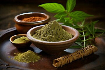 Ayurvedic herbal remedy from stem and powder form. Generative AI - obrazy, fototapety, plakaty