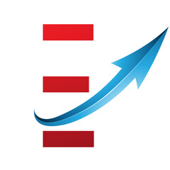 Red and Blue Futuristic Letter E Icon with a Glossy Arrow
