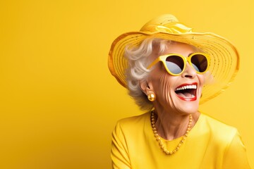 portrait of a cheerful smiling elderly grandmother in glasses on a yellow background - obrazy, fototapety, plakaty