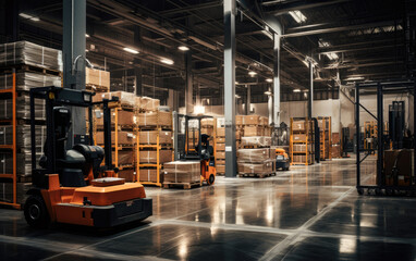 Racked Warehouse with Forklifts. Generative AI