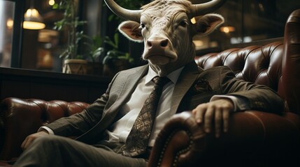 A bull in green suit in an office, sitting on an armchair, representing the financial market, wallstreet
