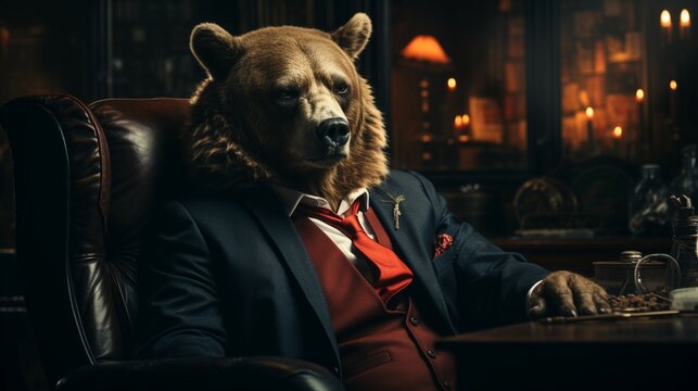 A bear wearing a red suit, sitting in an armchair in an office, representing financial crsises at wallstreet