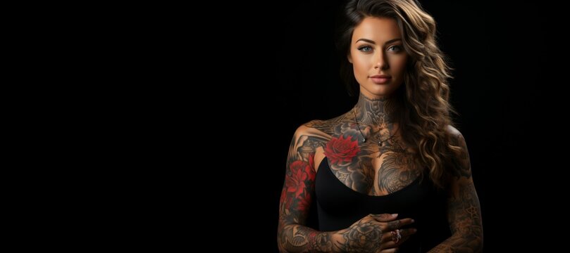 A tatooed woman with crossed arms, looking confiodent on black background, space left fot text and logo on left side