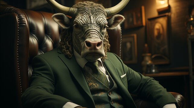 A bull in green suit in an office, sitting on an armchair, representing the financial market, wallstreet