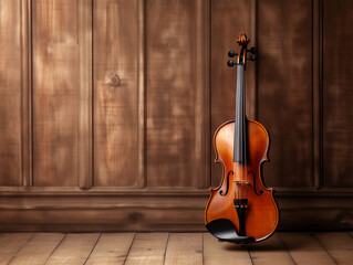 Violin in vintage style leaning against wood wall background. Music or concert concept. Copy space