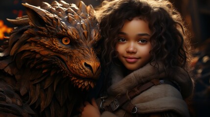 A young girl hugging her friendly dragon. Generative AI. 