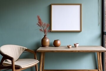 Stylish scandinavian dining room interior with mock up poster frame, wooden table, furniture, cupof coffee, flowers , cement fruits and elegant accessories. generative ai.