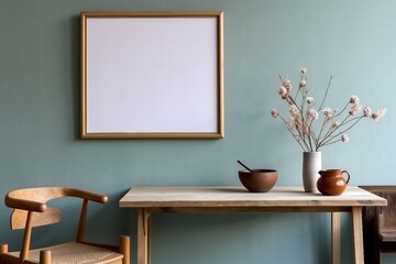 Stylish scandinavian dining room interior with mock up poster frame, wooden table, furniture, cupof coffee, flowers , cement fruits and elegant accessories. generative ai.