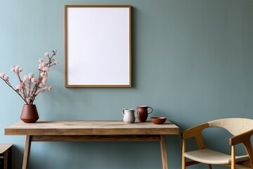 Stylish scandinavian dining room interior with mock up poster frame, wooden table, furniture, cupof coffee, flowers , cement fruits and elegant accessories. generative ai.