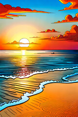 Sea beach at sunset - Comic book style seascape - 649498392