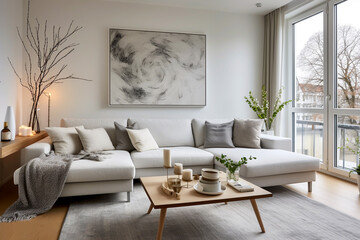 Living room interior Scandinavian style  room with  hardwood coffee table white fabric corner sofa and house plants large window with pale walls and abstract wall art