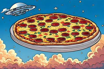 Giant pizza flying in the sky with UFO