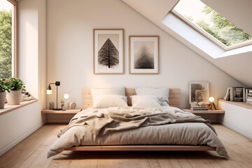 Large bedroom interior with floating double bed and matching side tables overlooked by a roof window stylish wooden floor window plants abstract wall art above the headboard