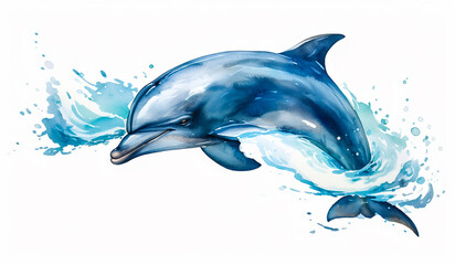 Watercolor painting of dolphin jumping out of water. AI generated
