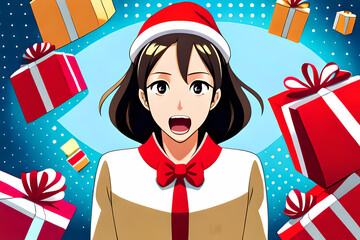 Happy cartoon girl with Christmas presents